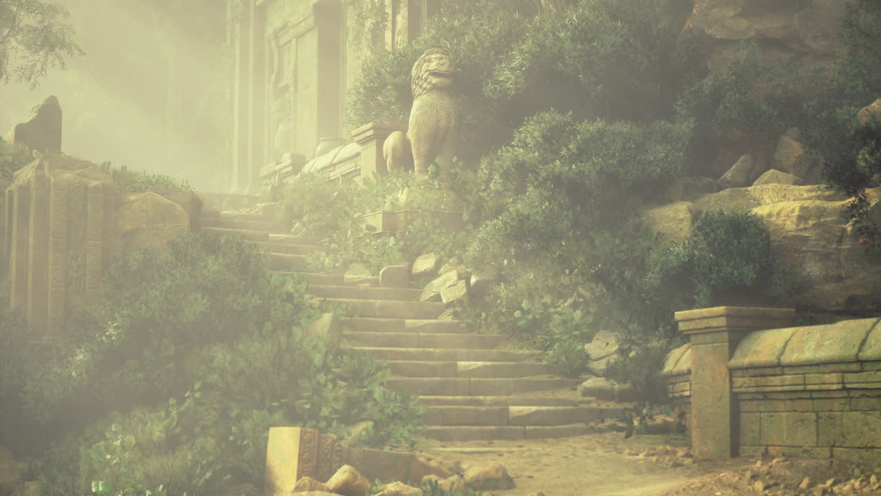 Mysterious ruins with ancient stone lion and overgrown steps in misty light