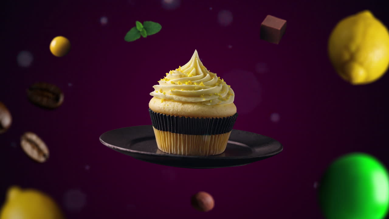 Cupcake al limone giallo intro animata per pubblicità o marketing su sfondo viola scuro per ristoranti con gli ingredienti del dessert che volano in aria - aggiungi prezzo o offerta