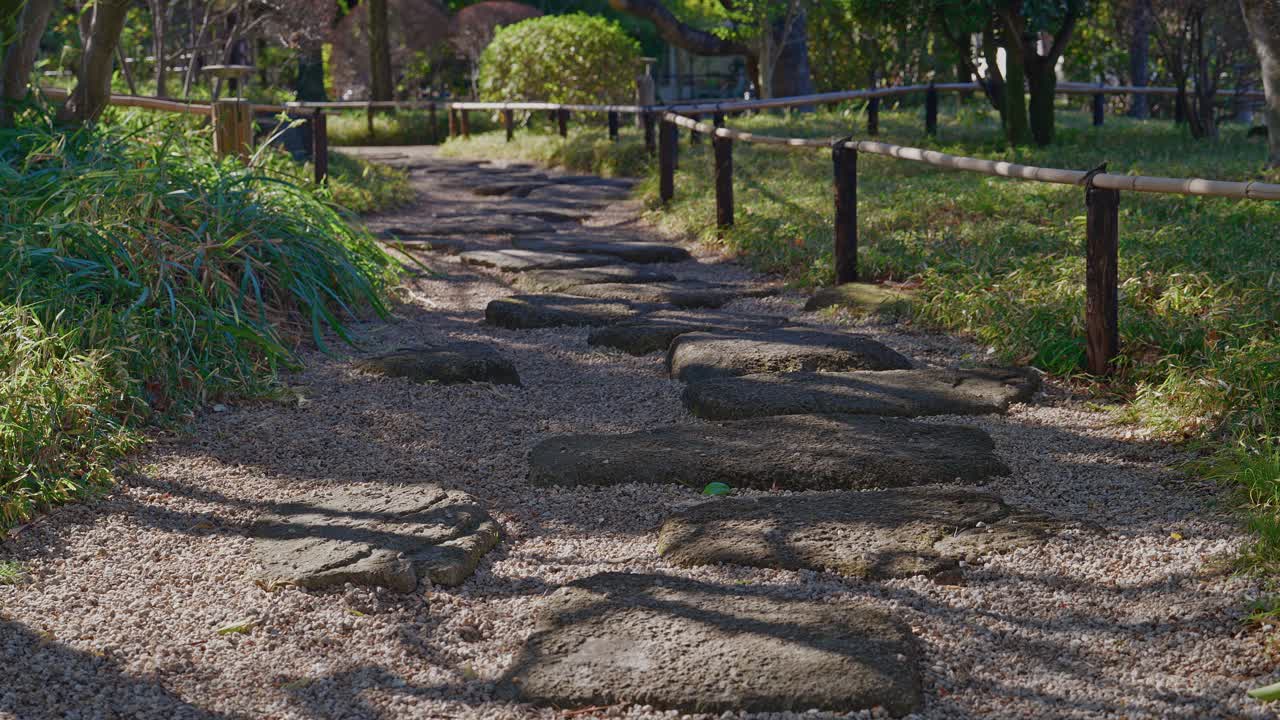 En idyllisk utsikt over en tradisjonell sti med tråkkheller som snor seg gjennom Heisei-hagen i Gyosen-parken, med vakkert flekkete sollys og skygger.