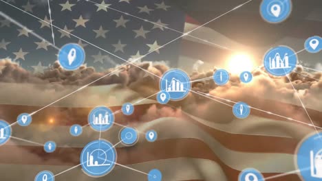 Animation-of-network-of-connections-with-icons-over-flag-of-united-states-of-america-and-clouds