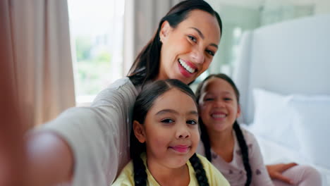 face, selfie and mother with kids in bedroom