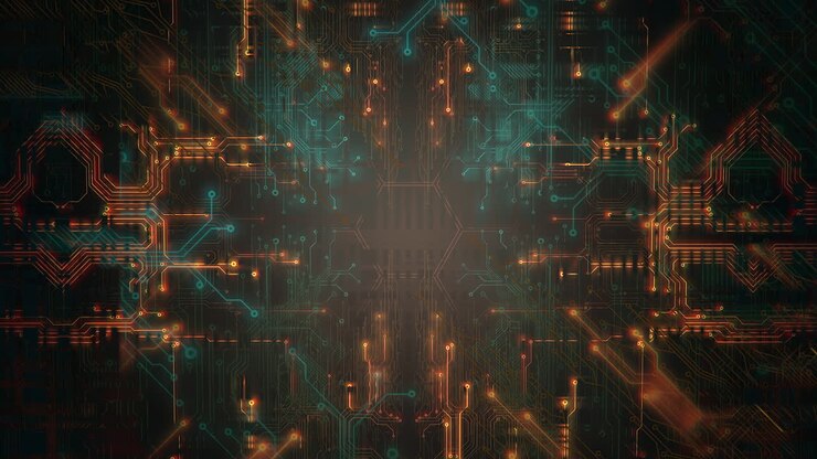 Sfondo animato cyberpunk con tracciati di chip informatici e griglia 1