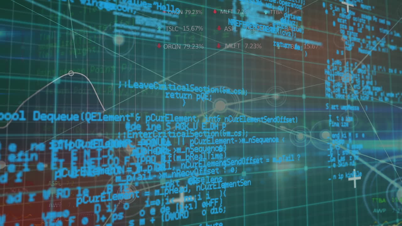 Animation of data processing over network of connections on black background