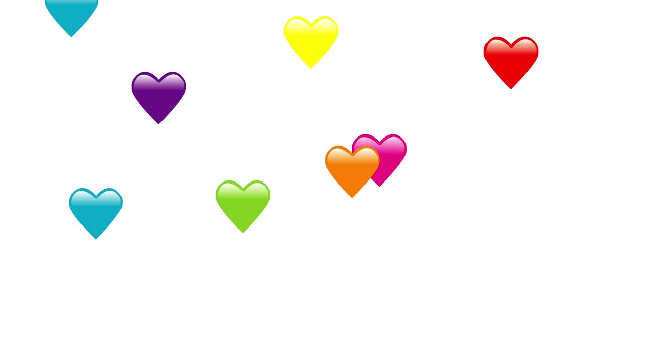 모든 색상의 이모지 하트 애니메이션이 흰색 배경에서 아래쪽에서 멈출 때까지 위에서 떨어집니다.