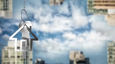 Animation-of-hanging-house-keys-against-inverted-tall-buildings-against-clouds-in-the-blue-sky