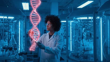 exploring genetic science: a researcher examines a glowing dna helix in a high-tech laboratory setting