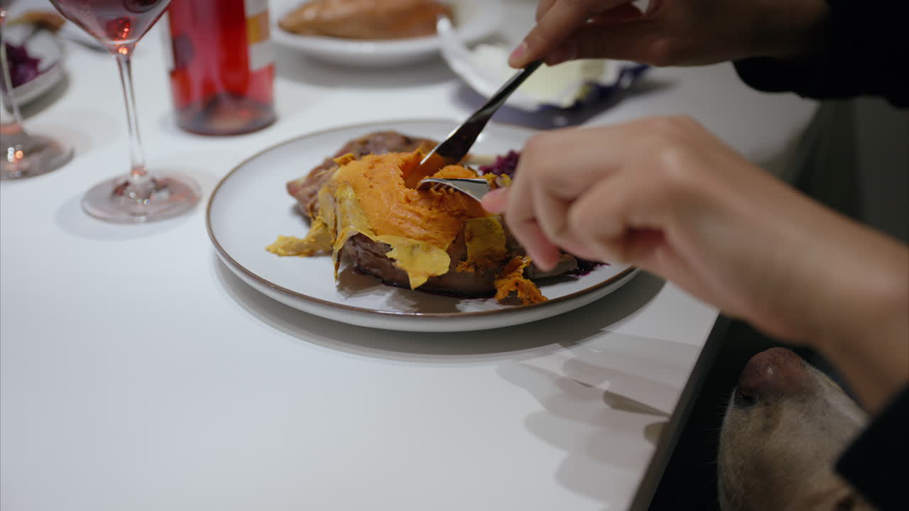mujer disfruta de su cena con vino rojo, perro curioso olfatea y pide comida en la mesa, usando tenedor y cuchillo, comiendo en casa con un cachorro, patata dulce con mantequilla, dieta saludable y equilibrada, delicioso