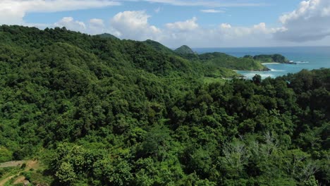 amazing aerial drone shot as ascending, rising above a ridge, wide landscape of tropical forest, mountains and the sea, blue ocean