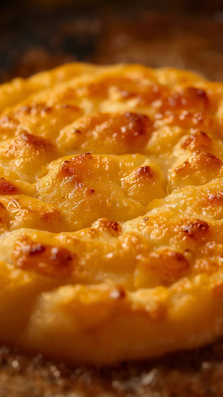 Video verticale: pasta sfoglia al formaggio sfrigolante su una padella calda che bolle, si rosola e forma pozze di formaggio
