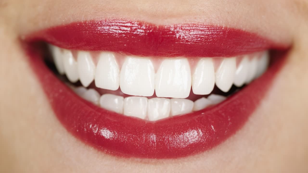 A Close-Up View of a Beautiful Smile Showcasing Bright White Teeth and Vibrant Red Lips, Highlighting the Importance of Oral Care and Aesthetic Dentistry