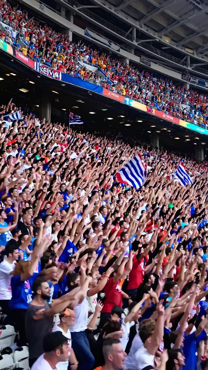 High-angle video capture of a vibrant stadium crowd, showcasing enthusiastic fans in colorful