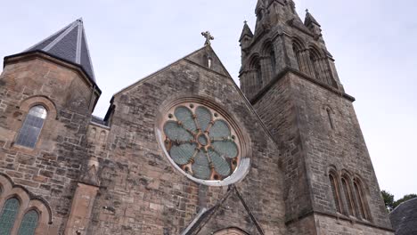 Former-Church,-Now-Gallery,-Coffee-Restaurant-in-Tobermory,-isle-of-Mull,-Scotland-UK,-Building-Exterior-and-Tower