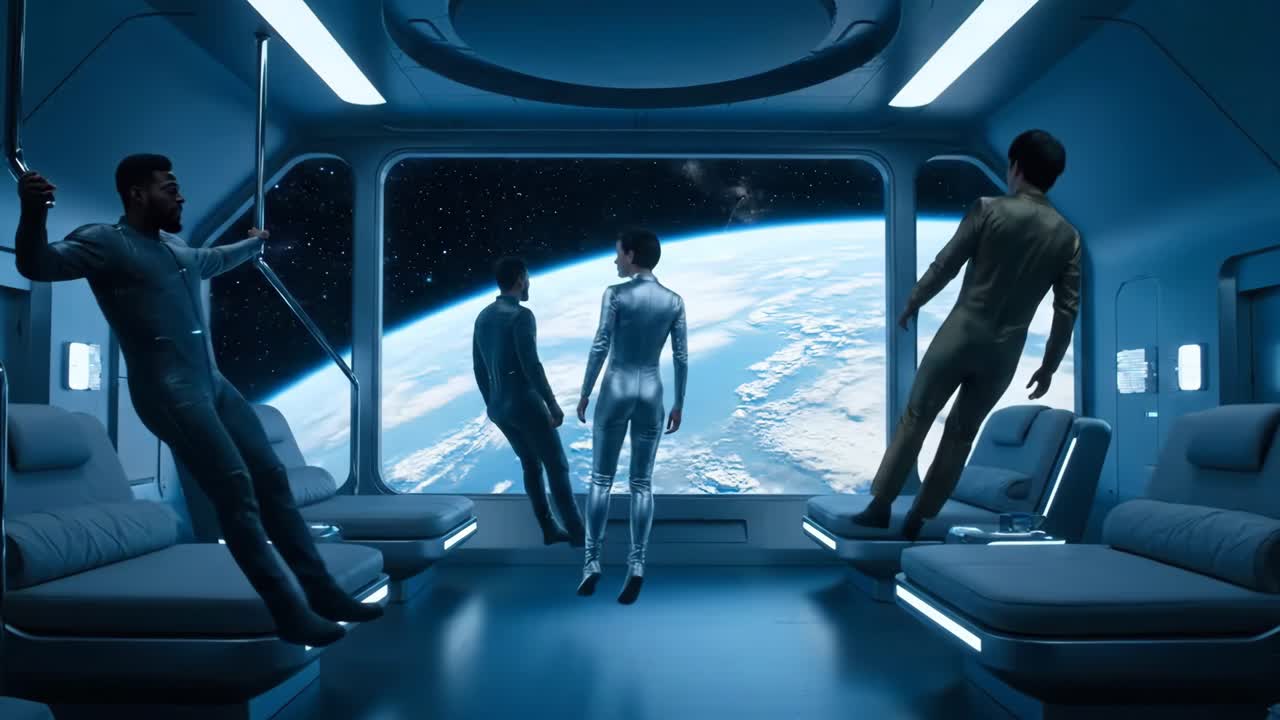 Futuristic Spaceship Interior with Astronauts Viewing Earth