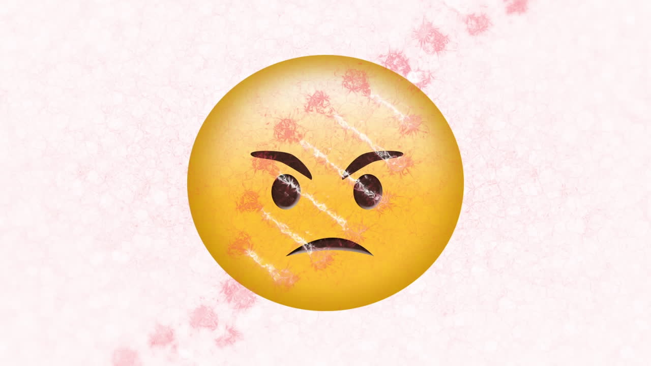 dna 구조의 디지털 애니메이션이  ⁇  배경에 화난 얼굴 이모티콘을 돌고 있습니다.