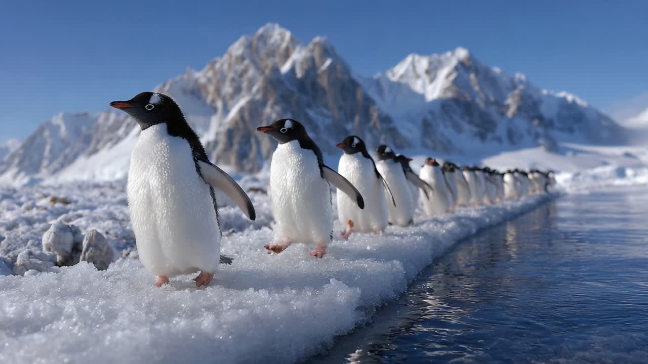 A Striking Visual of Penguins Walking in Line Along Ice and Snow with Majestic Mountains in the Background, Showcasing the Beauty of Nature in the Polar Regions