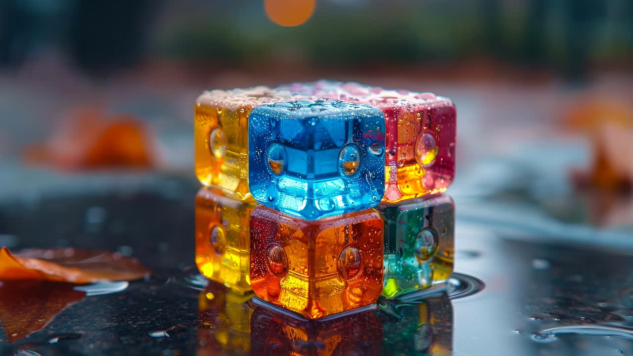 Colorful ice cubes in a vibrant setting. Brightly colored ice cubes are stacked on a wet surface with droplets and blurred lights in the background
