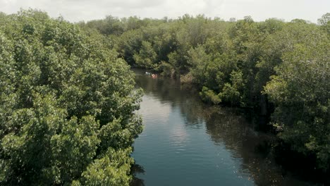 Spiegelreflexion-Durch-Mangrovenbucht-Mit-Touristen,-Die-In-Der-Nähe-Von-El-Paredón,-Escuintla,-Guatemala-Kajak-Fahren