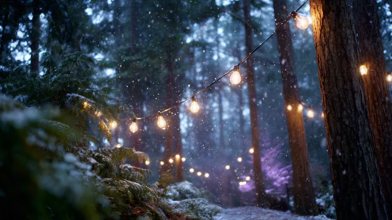 A Serene Winter Forest Path Adorned with Twinkling Fairy Lights and Glistening Snow Amidst Frosty Pine Trees, Creating a Magical Atmosphere for Evening Walks in Nature's Tranquility