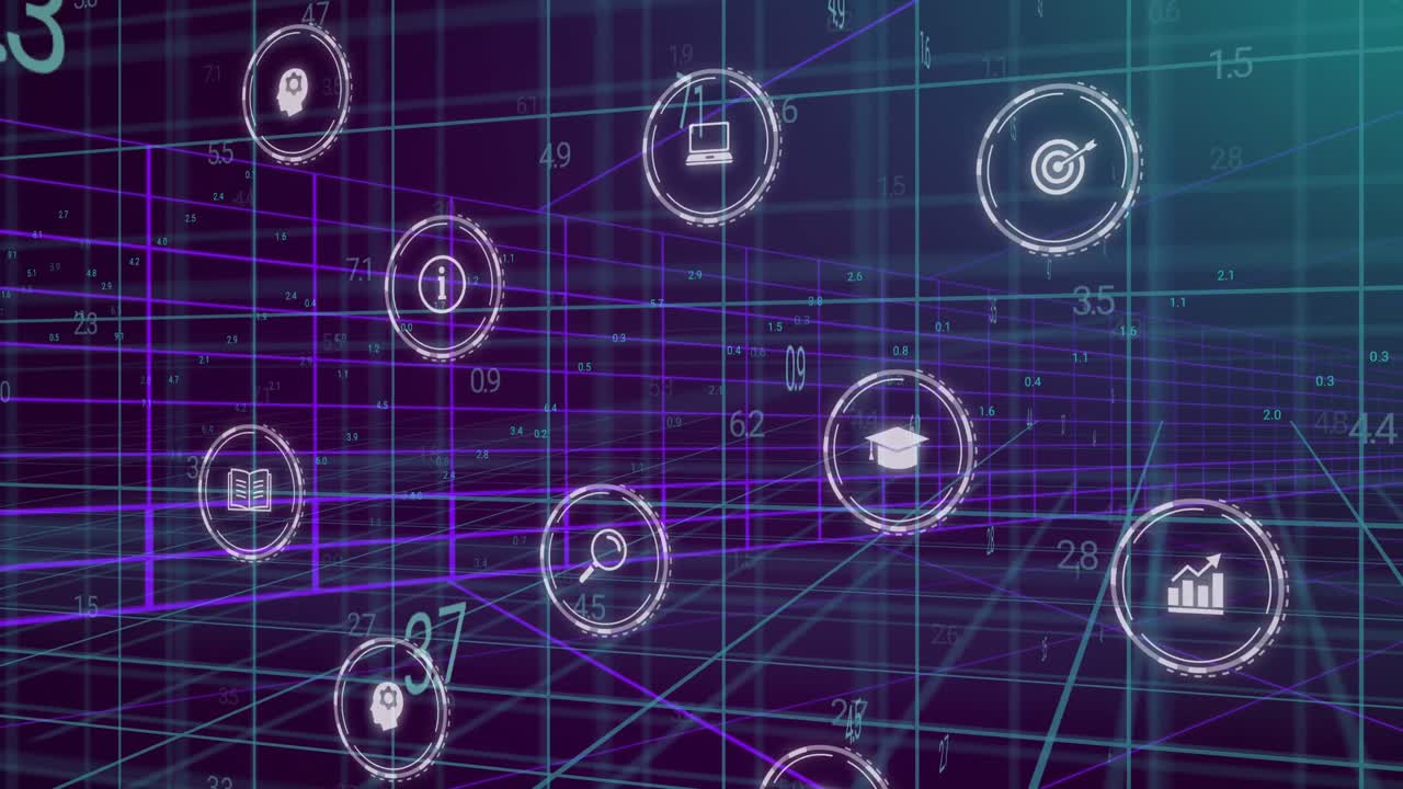 Animation of icons and data processing over blue background