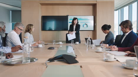 business woman team leader presenting financial data on tv screen sharing project with shareholders briefing colleagues discussing ideas in office boardroom presentation