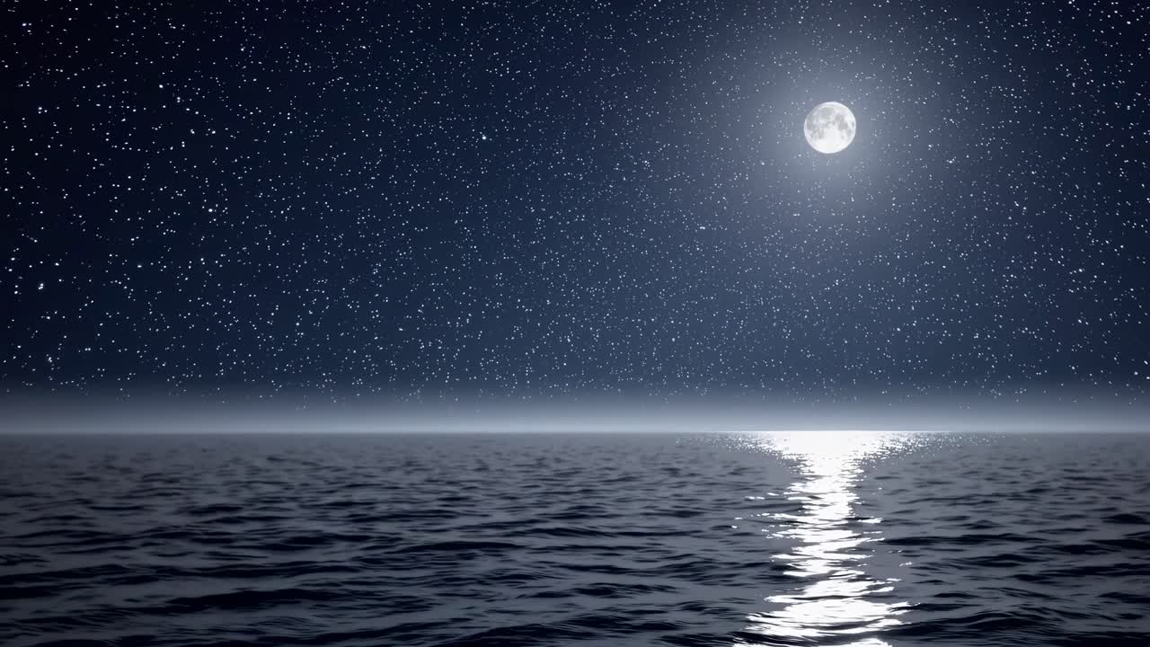 A serene night scene video with a wide-angle view of the ocean reflecting moonlight under a starry
