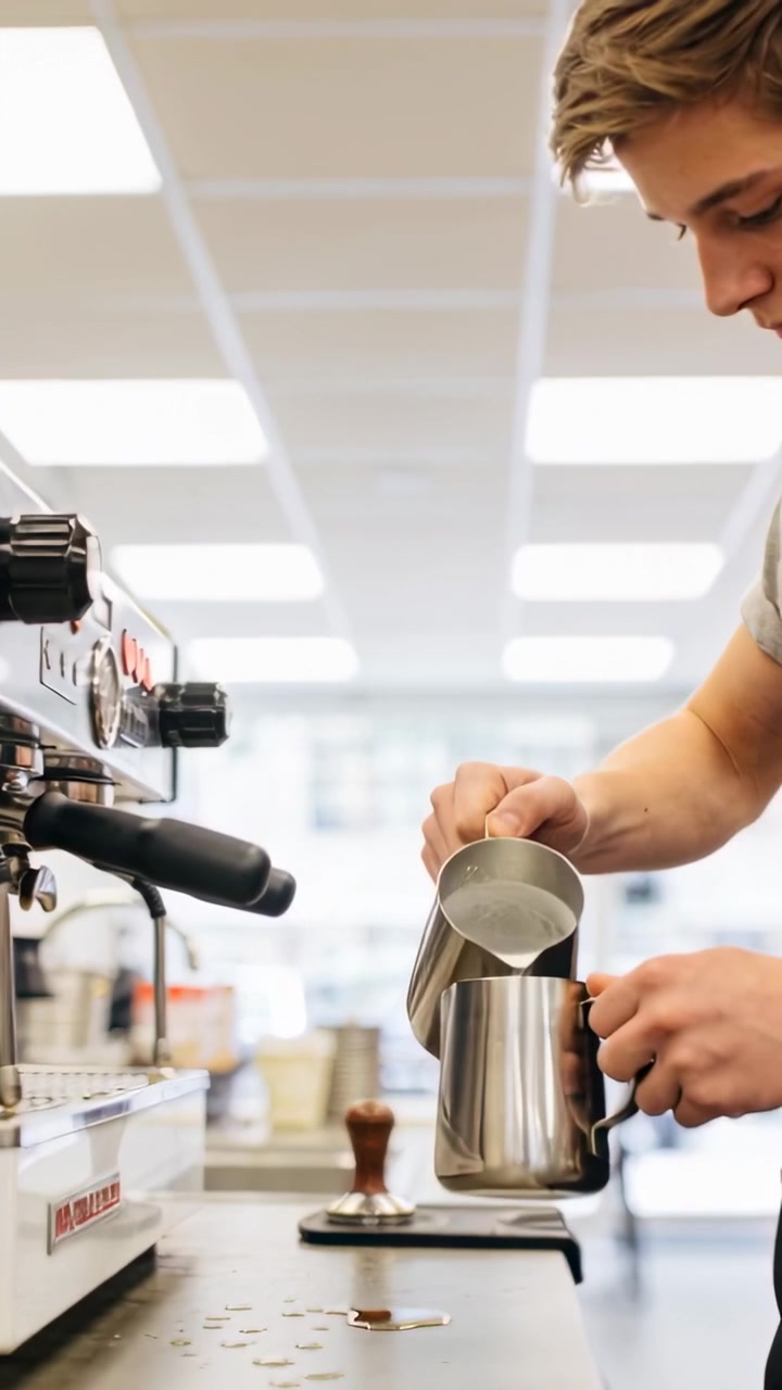 Video verticale: Barista con grembiule che versa, stabilizzando la brocca e afferrando il portafiltro al bancone, con spazio per il testo.