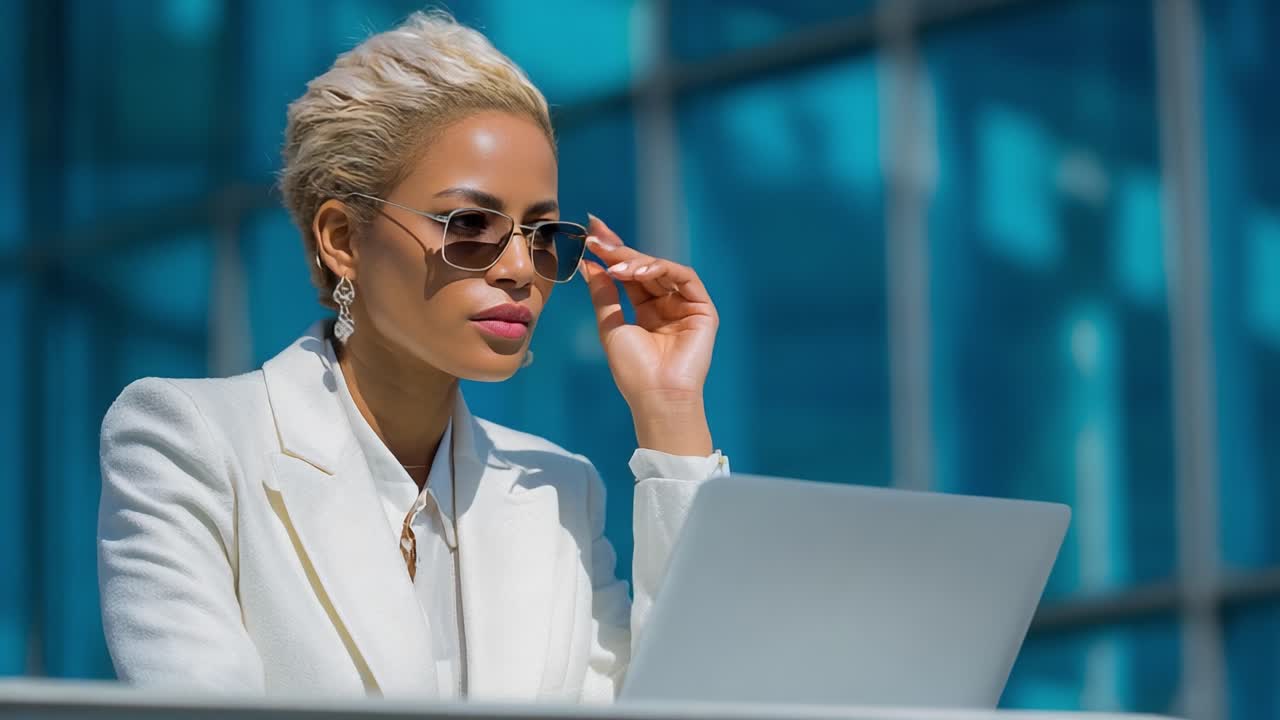 Selvsikker og stilfuld professionel arbejder på bærbar computer udendørs, udstråler elegance i moderne bymiljø med solskin reflekteret gennem glasstrukturer