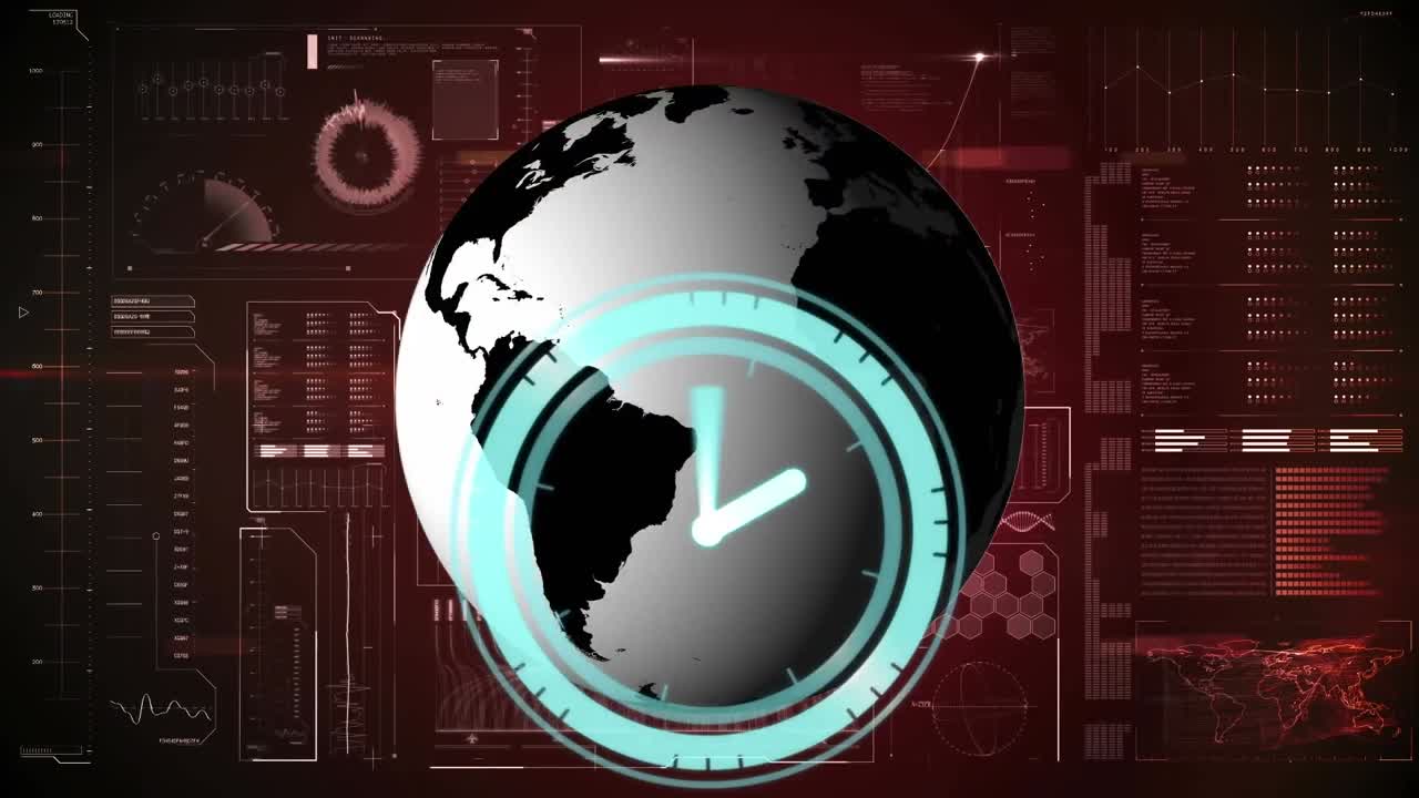 Animation of clock over globe and data processing on screen