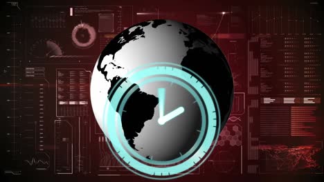 animation of clock over globe and data processing on screen