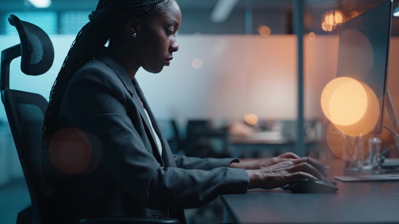 Focused Professional Woman Working Late at Night on a Computer in an Office Environment with a Modern Work Setup and Soft Background Lighting