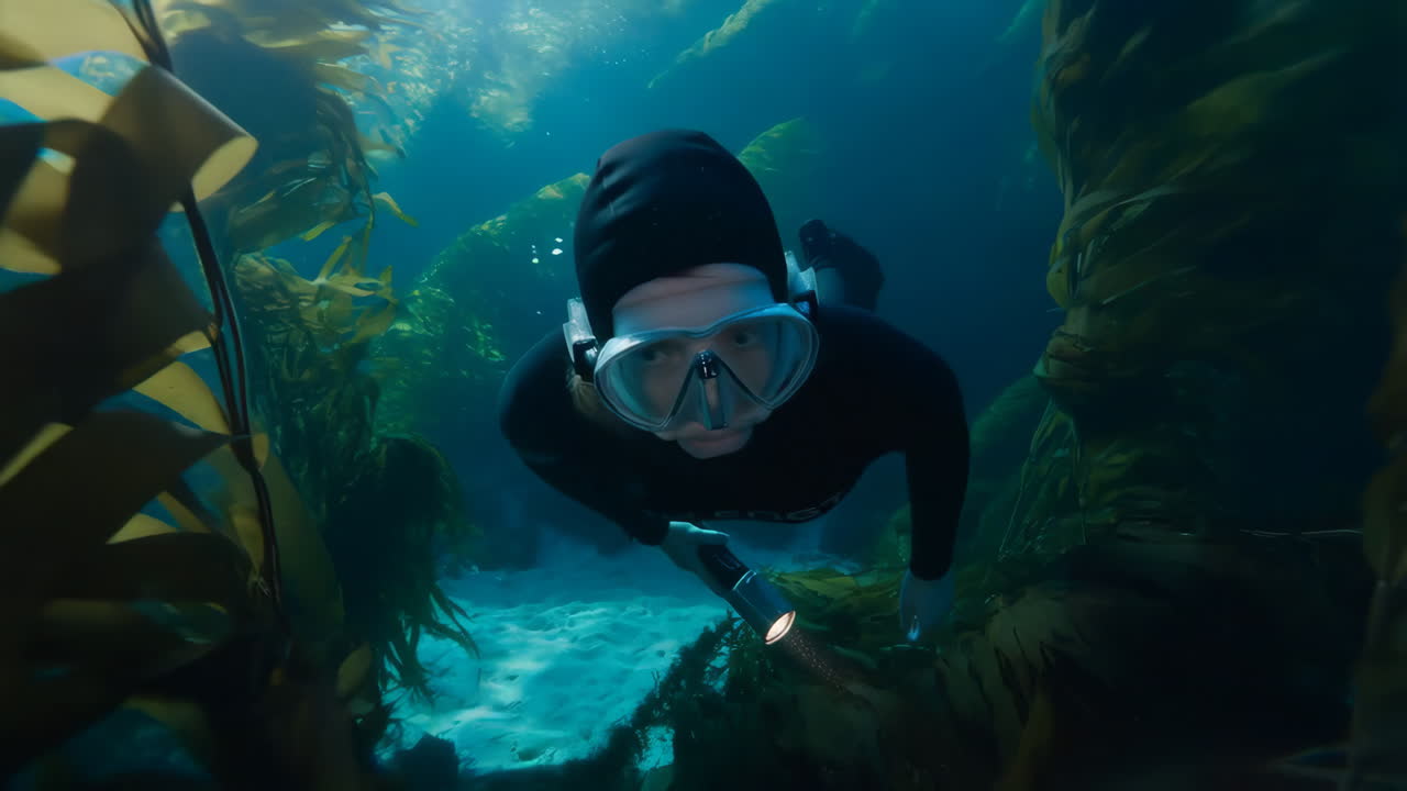 Diver exploring a vast kelp forest