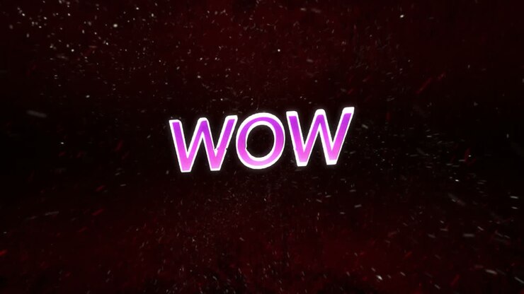 Animazione di un effetto glitch su un banner di testo 'wow' con particelle bianche che volano su sfondo nero.