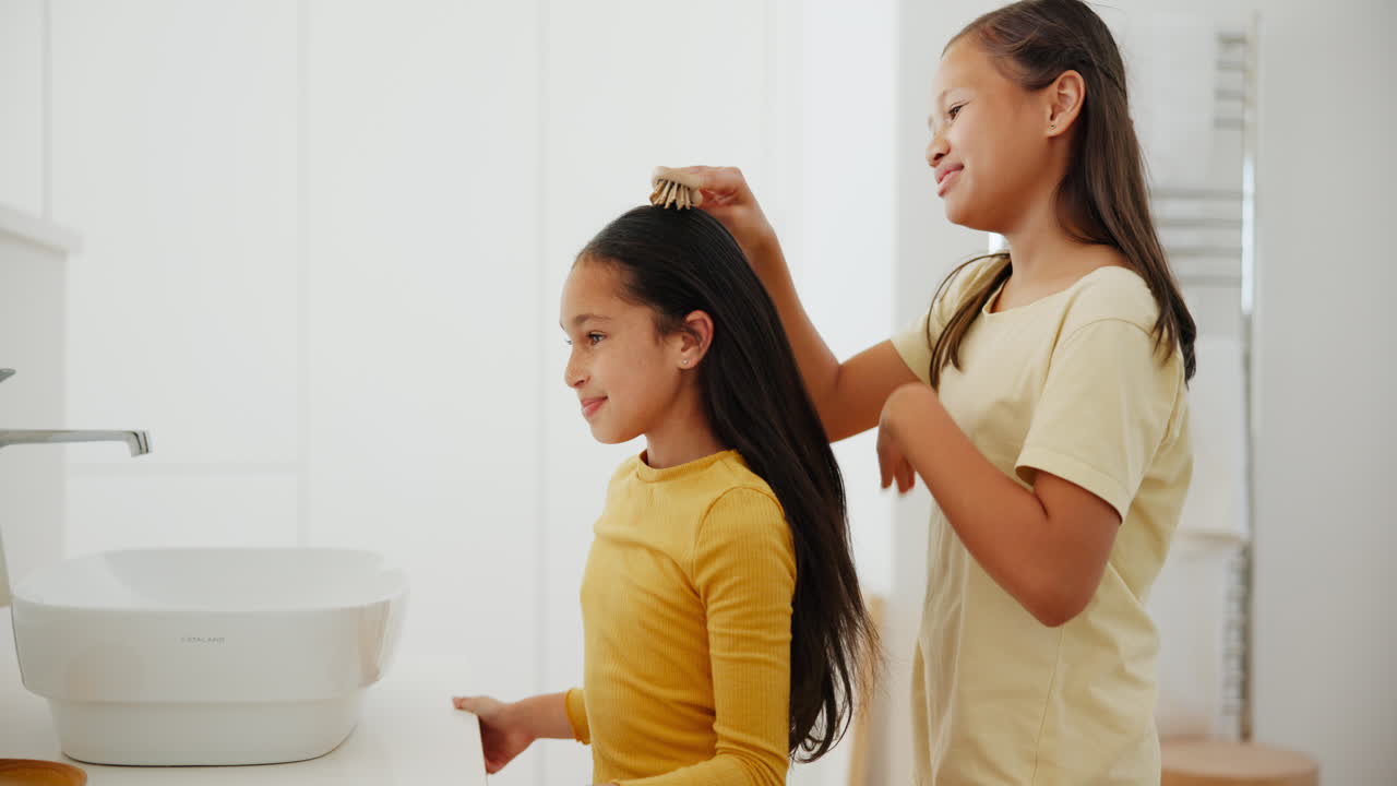 Bathroom, children and brushing hair with girls