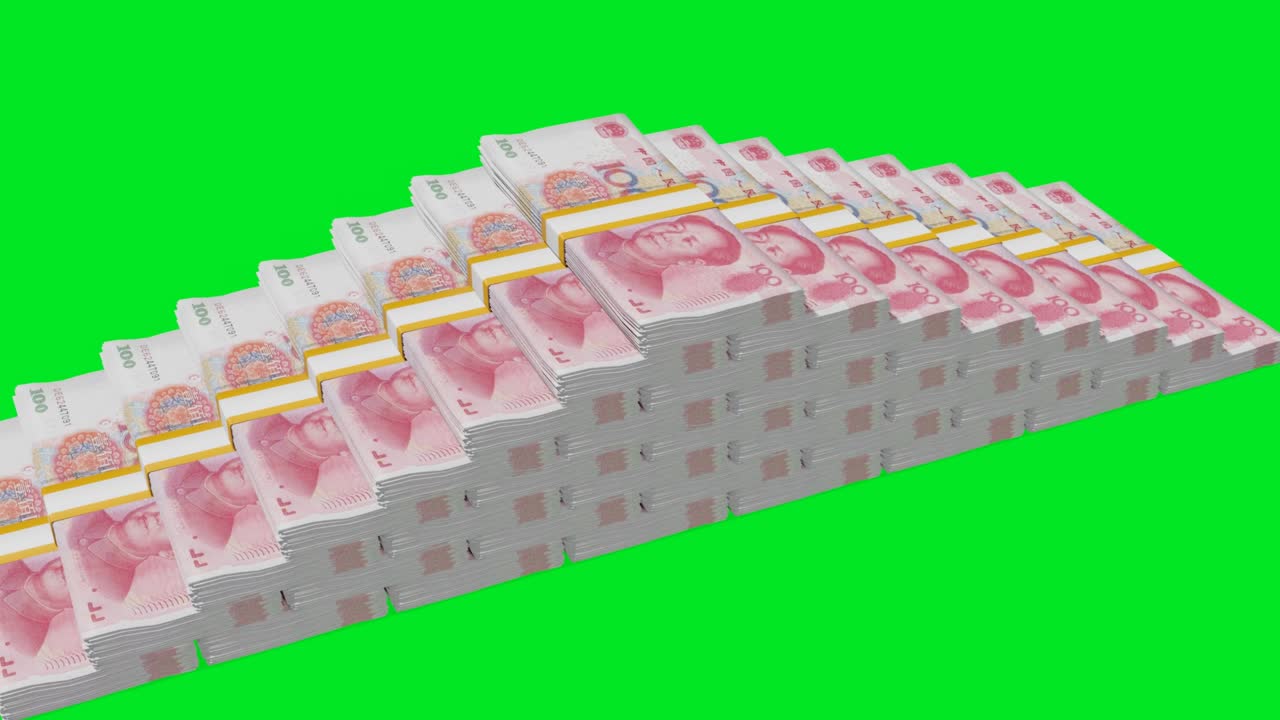 Many wads of money chromakey background. 100 Chinese Yuan banknotes ...