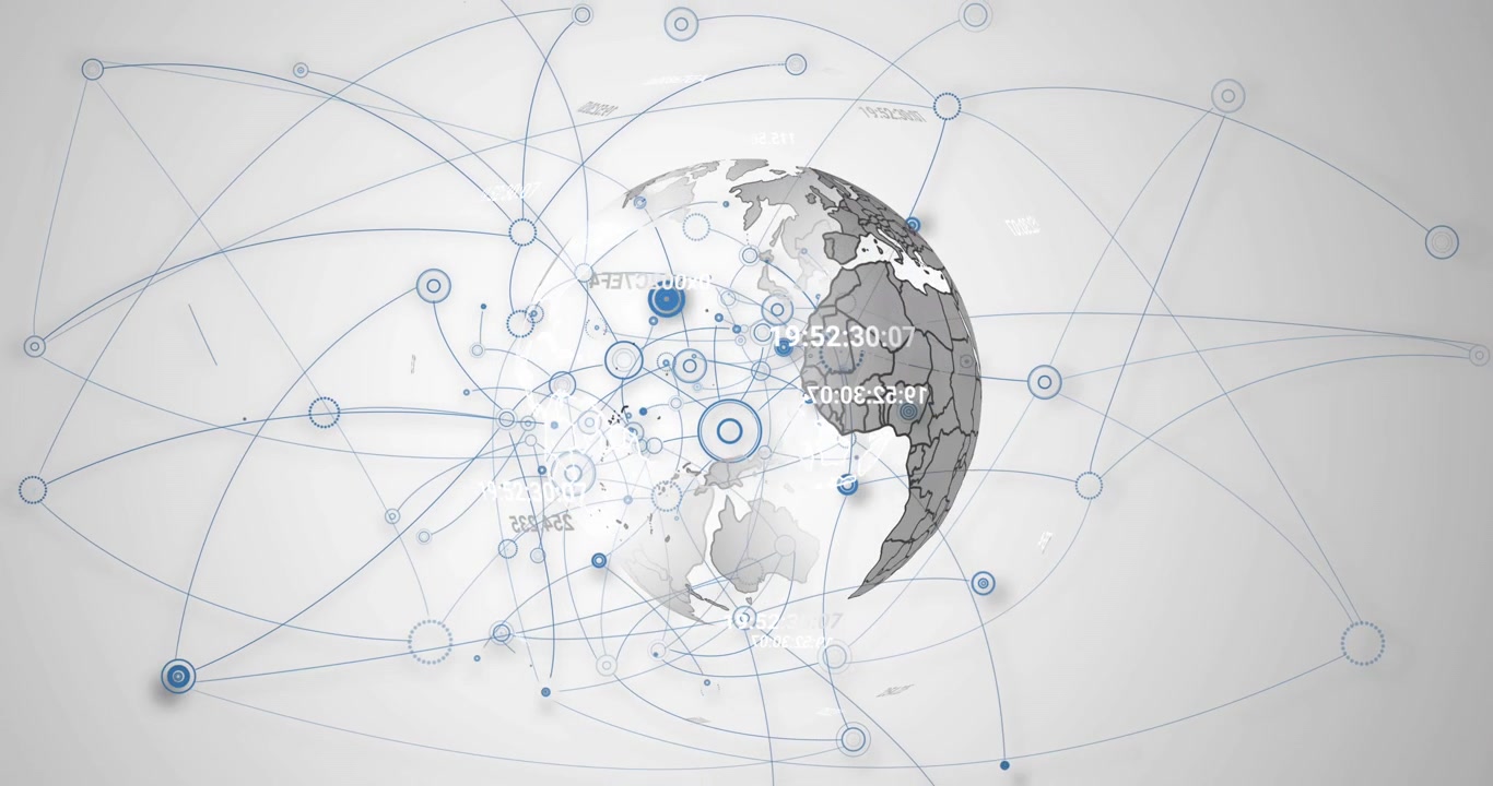 Animation of network of connections over spinning globe against grey background