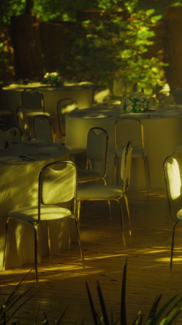 Decorated tables and chairs in a garden setting for an event
