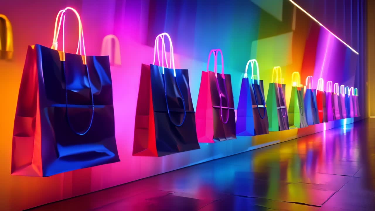 Colorful Shopping Bags Displayed in Neon Light