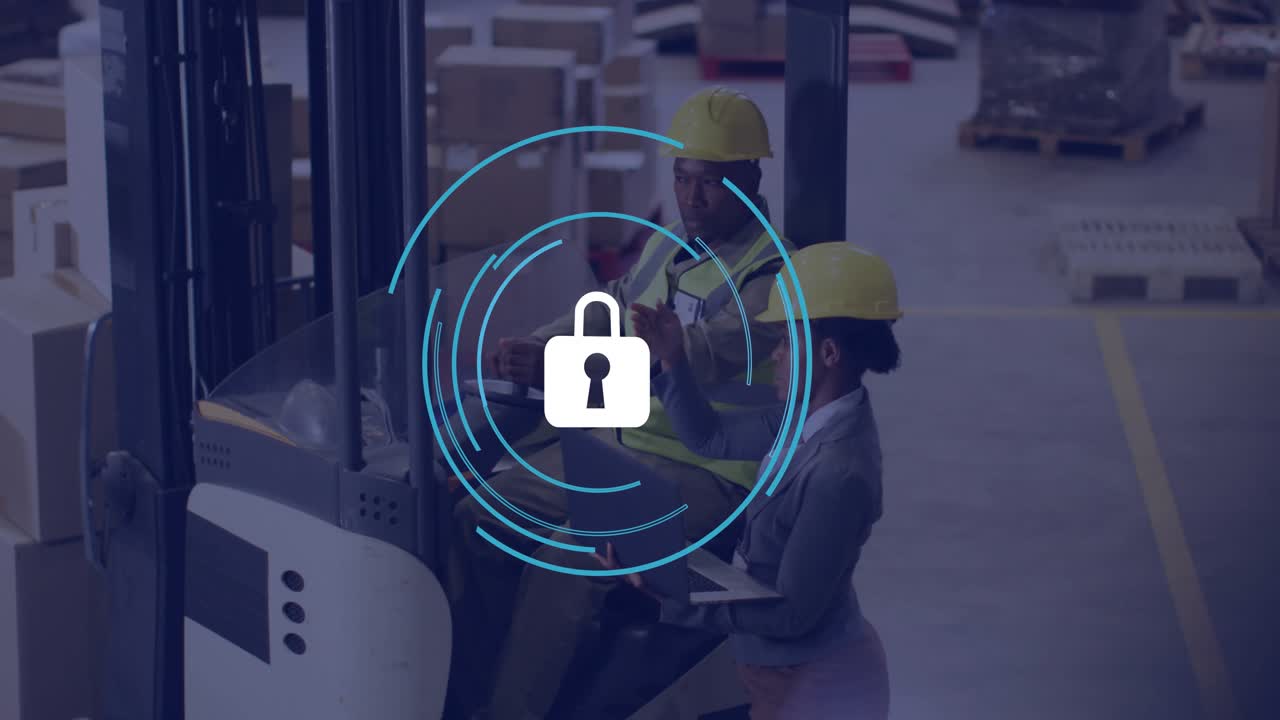 Warehouse HUD lock fading in woman raising tablet man at forklift reaching controls checking lock