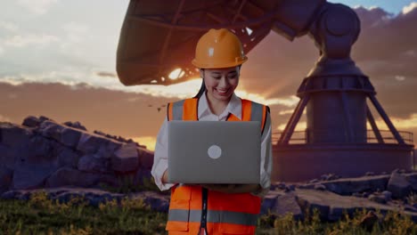 asian female engineer with safety helmet working on a laptop while standing with large satellite dish