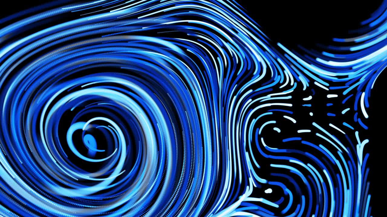 Abstract 3d looped background with lines form swirling pattern like curle noise with light streaks. Flow of particles forms curled lines like blue glow trails. Beautiful swirls of lines as abstract bg