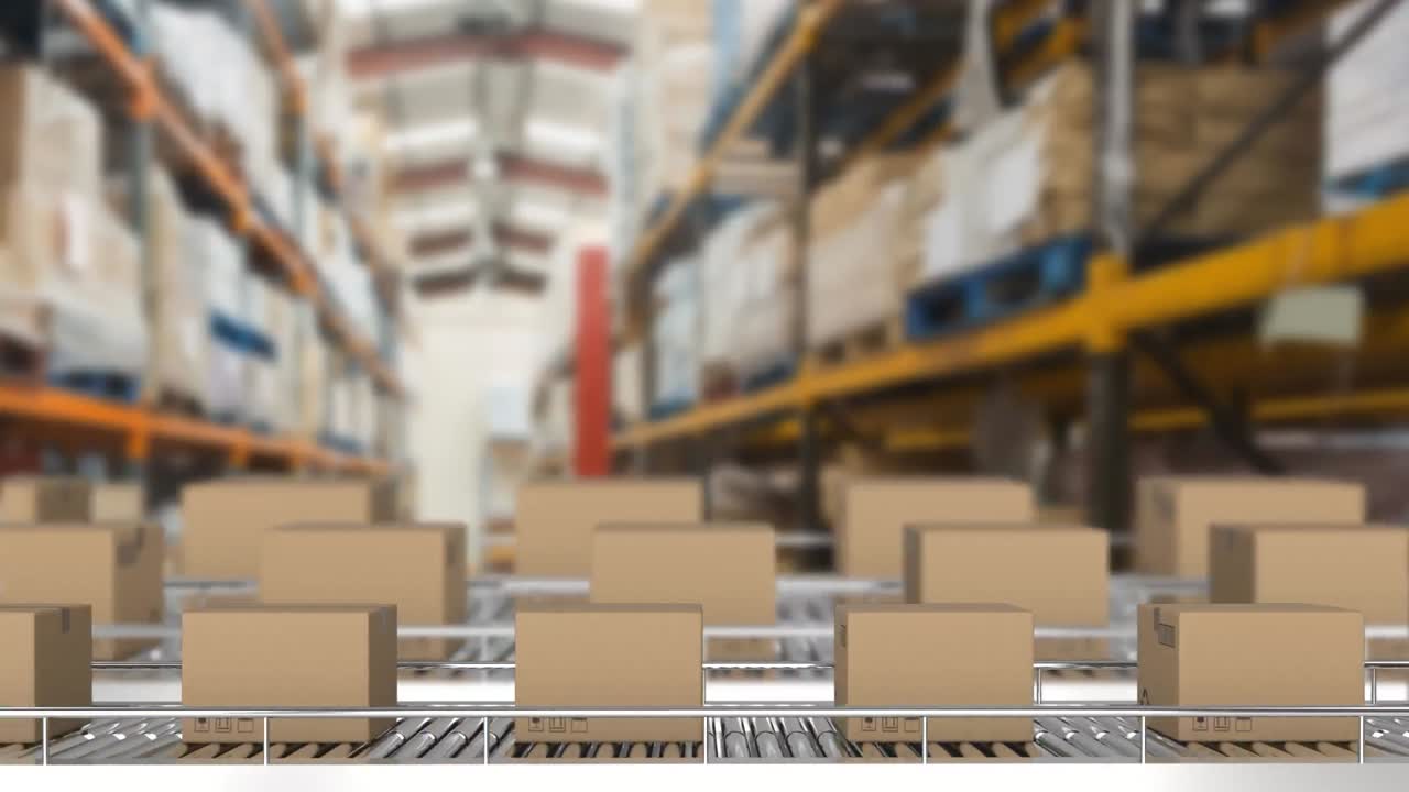 animación de cajas de cartón que se mueven en cinta transportadora sobre estantes en el almacén