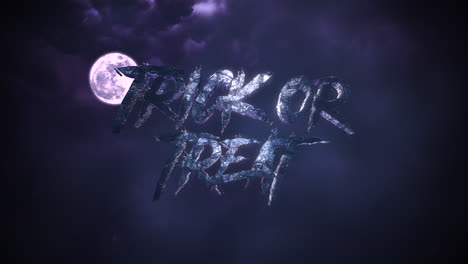 animation text trick or treat and mystical animation halloween background with dark moon and clouds