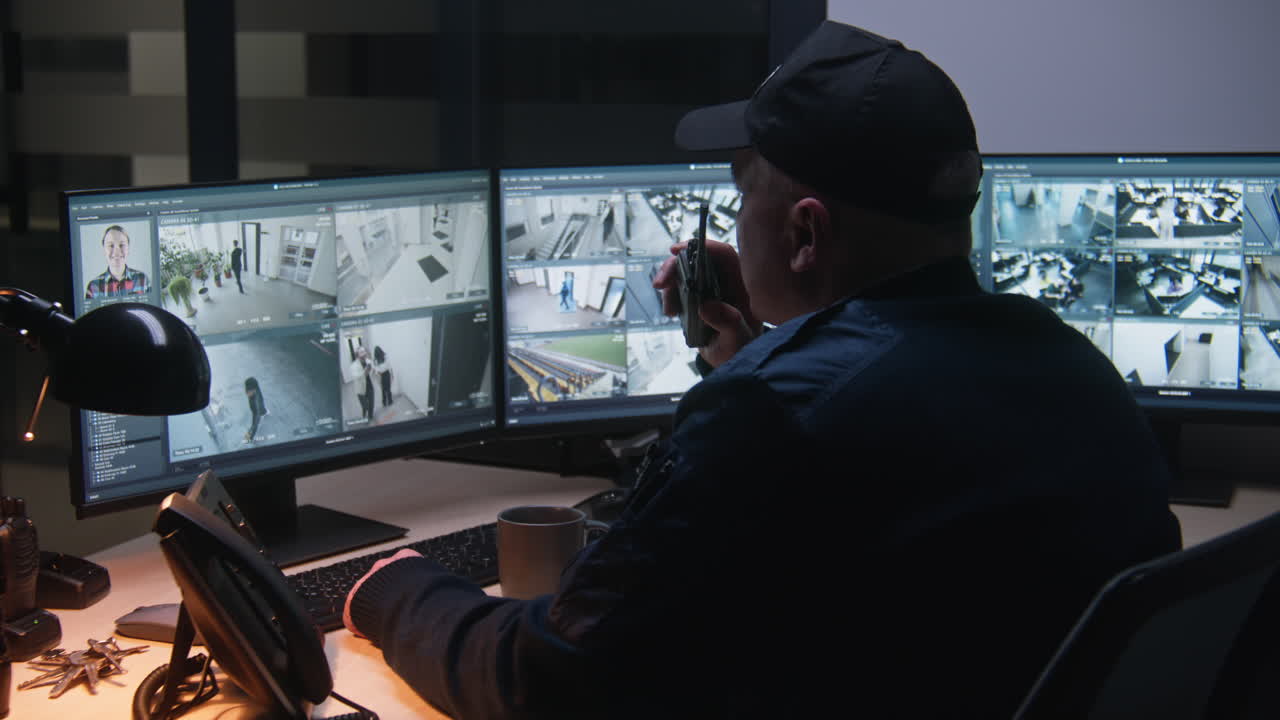 guardia de seguridad monitoreo cámaras de vigilancia en una sala de control