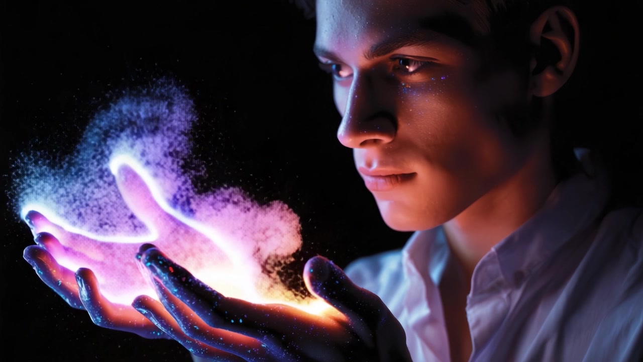 Un giovane tiene particelle cosmiche luminose tra le mani, fondendo scienza e arte in una straordinaria esposizione di luce e colore su uno sfondo scuro.