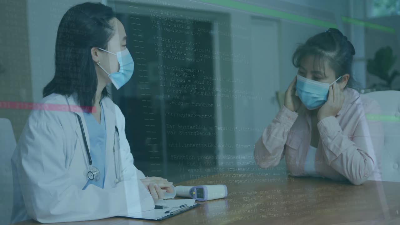 female doctor checking male patient in health office, showing animated chart and thermometer icon