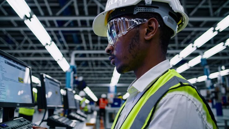 Side angle video of a factory worker in safety gear operating a computer, highlighting industrial