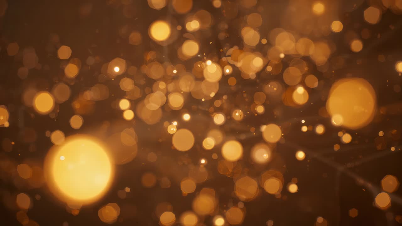 Frames starting, amber bokeh field drifting outward in studio creating parallax depth and twinkling