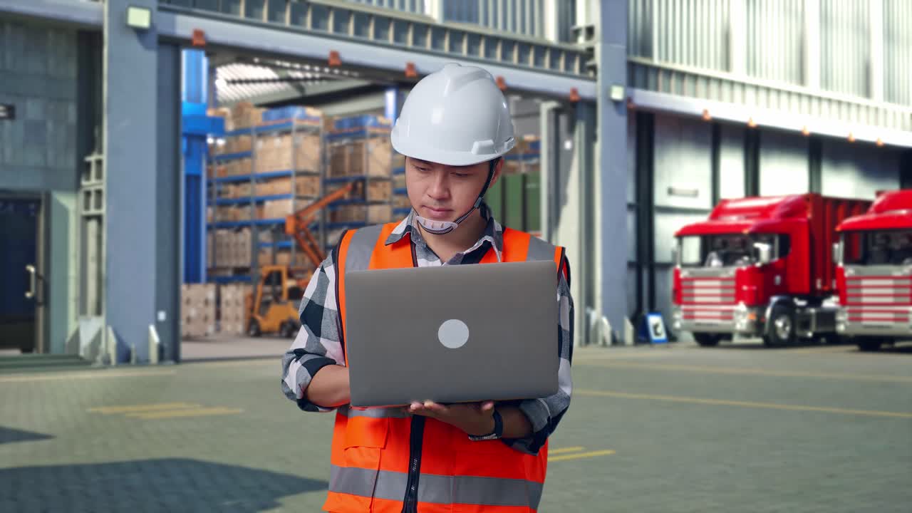 Asian Male Engineer With Safety Helmet Working On A Laptop And Looking Around While Standing , Outside of Logistics Distributions Warehouse