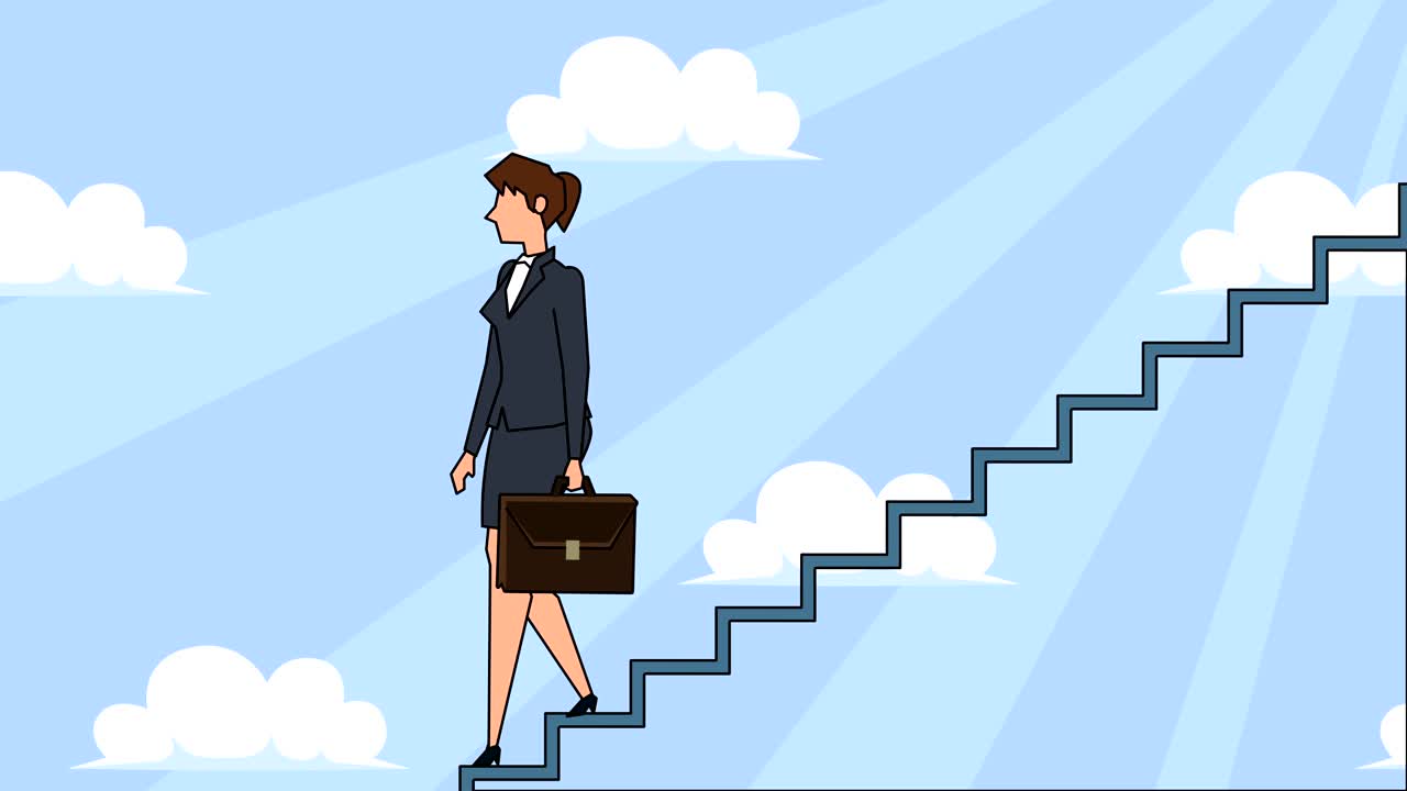 personaje de mujer de negocios de dibujos animados plano con bolsa de caso baja por la escalera de la carrera escaleras de concepto de animación