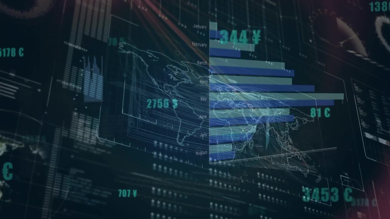 Digital Financial Data Visualization with World Map and Stock Market Charts